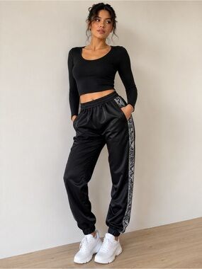 Zara Black Satin Joggers with Snake-Print Side Stripe